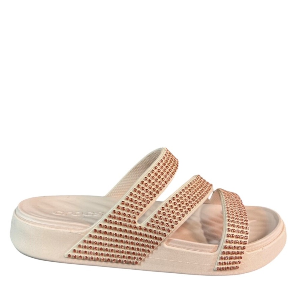 Crocs Brooklyn Strappy Low Wedge Sandals Rhinestone Blush Pink Nude Womens 9